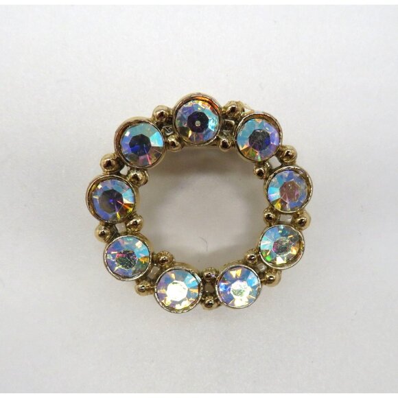 Vintage Brooch Aurora Borealis Crystal Circle Brooch Gold Tone Pin - Picture 5 of 13
